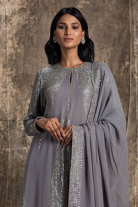 House Of Kotwara_Gray Georgette, Cotton, Silk, Organza, Cambric Sequins Round Art Deco Kurta Set _Online_at_Aza_Fashions
