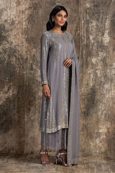 Buy_House Of Kotwara_Gray Georgette, Cotton, Silk, Organza, Cambric Sequins Round Art Deco Kurta Set _Online_at_Aza_Fashions