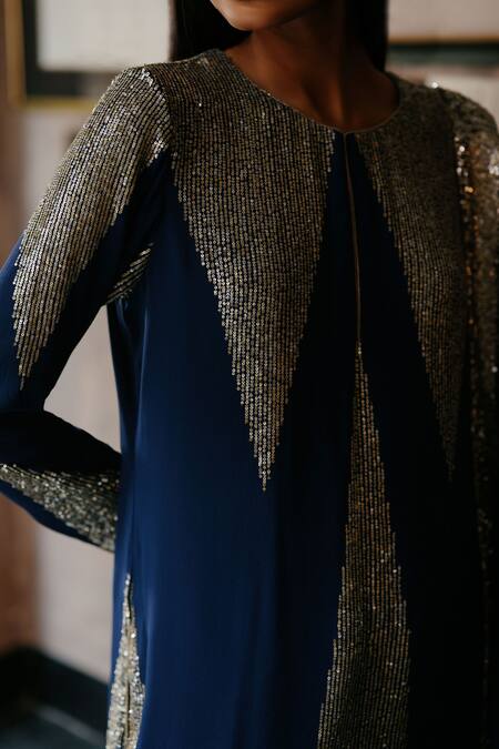 House Of Kotwara_Blue Georgette, Cotton, Silk Organza Sequins, Royal Art Deco Kurta Set _Online_at_Aza_Fashions