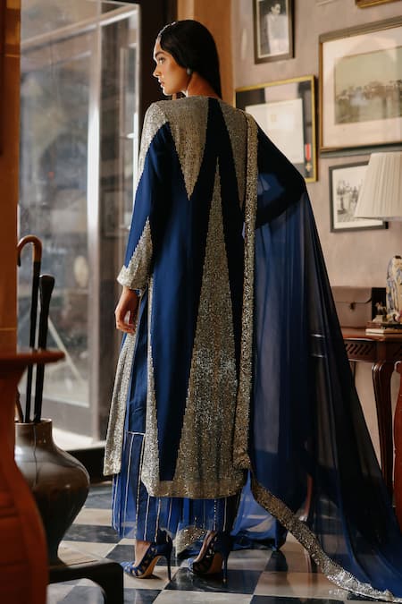 House Of Kotwara Royal Blue Georgette Art Deco Kurta Set 