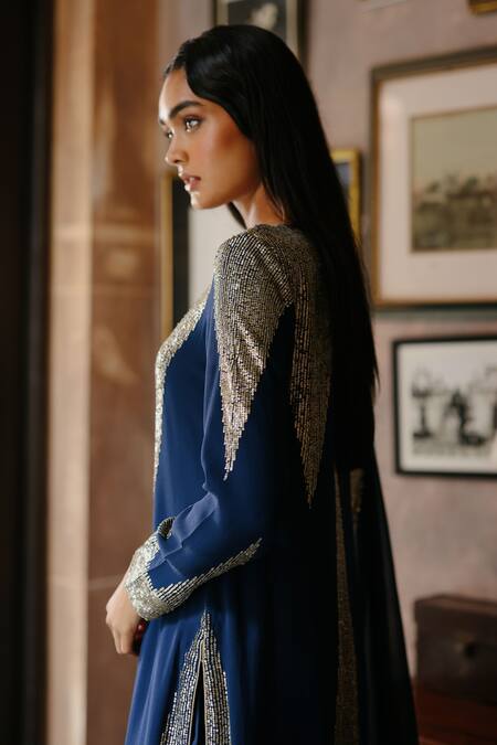 Buy_House Of Kotwara_Blue Georgette, Cotton, Silk Organza Sequins, Royal Art Deco Kurta Set _Online_at_Aza_Fashions