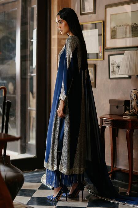 Shop_House Of Kotwara_Blue Georgette, Cotton, Silk Organza Sequins, Royal Art Deco Kurta Set _Online_at_Aza_Fashions