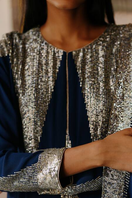 House Of Kotwara_Blue Georgette, Cotton, Silk Organza Sequins, Royal Art Deco Kurta Set _at_Aza_Fashions