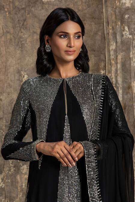 House Of Kotwara_Black Georgette, Cotton, Silk Organza Sequins, Embroidery Art Deco Kurta Set _Online_at_Aza_Fashions