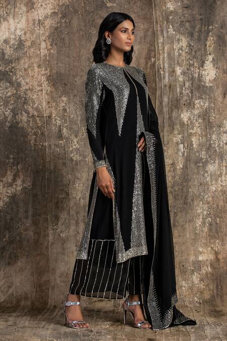 Buy_House Of Kotwara_Black Georgette, Cotton, Silk Organza Sequins, Embroidery Art Deco Kurta Set _Online_at_Aza_Fashions