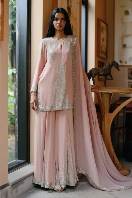 House Of Kotwara Peach Georgette, Satin Sequins Round Neck Vintage Rose Kurta Sharara Set 