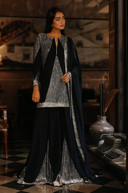 House Of Kotwara_Black Georgette, Satin Sequins Keyhole Neck Art Deco Kurta Sharara Set _Online_at_Aza_Fashions