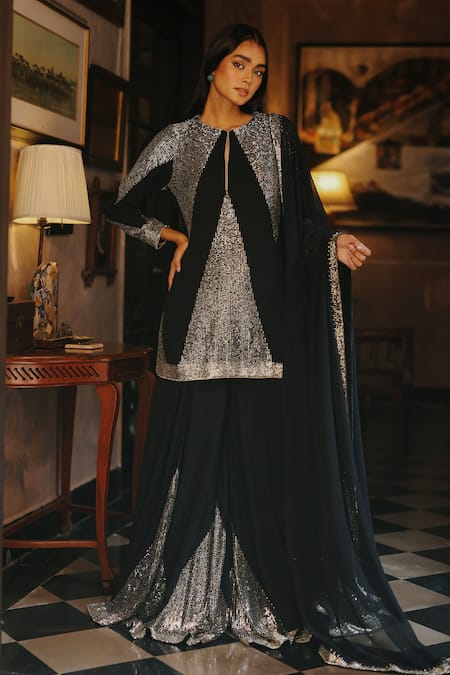 House Of Kotwara Black Georgette, Satin Sequins Keyhole Neck Art Deco Kurta Sharara Set 