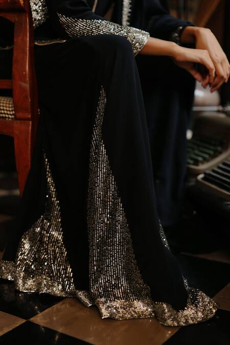 Buy_House Of Kotwara_Black Georgette, Satin Sequins Keyhole Neck Art Deco Kurta Sharara Set _Online_at_Aza_Fashions