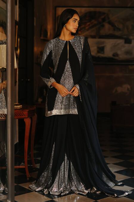 Shop_House Of Kotwara_Black Georgette, Satin Sequins Keyhole Neck Art Deco Kurta Sharara Set _Online_at_Aza_Fashions