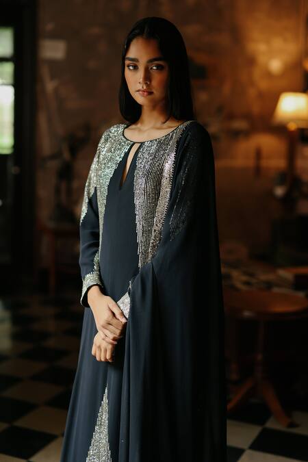 House Of Kotwara_Black Georgette, Cotton, Cambric Sequins, Beads Keyhole Art Deco Choga Kurta Set _Online_at_Aza_Fashions