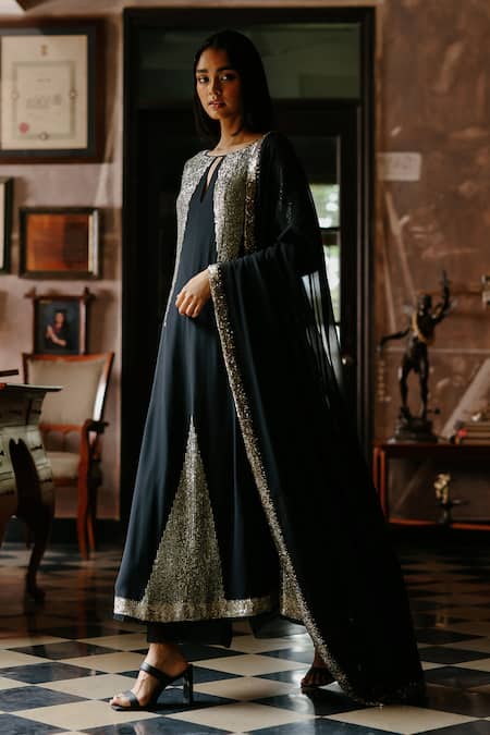 House Of Kotwara Black Georgette, Cotton, Cambric Sequins, Beads Keyhole Art Deco Choga Kurta Set 