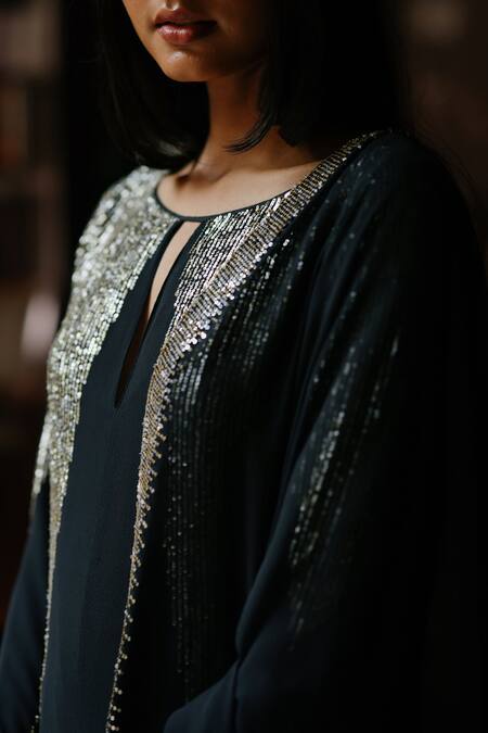 Buy_House Of Kotwara_Black Georgette, Cotton, Cambric Sequins, Beads Keyhole Art Deco Choga Kurta Set _Online_at_Aza_Fashions