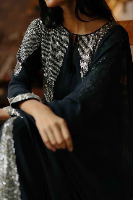 Shop_House Of Kotwara_Black Georgette, Cotton, Cambric Sequins, Beads Keyhole Art Deco Choga Kurta Set _Online_at_Aza_Fashions