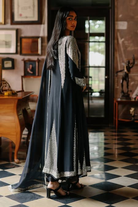 House Of Kotwara Black Georgette Art Deco Choga Kurta Set 