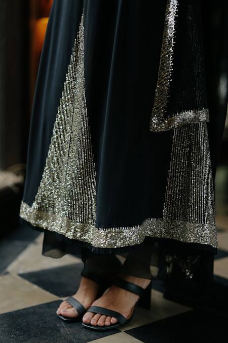 House Of Kotwara_Black Georgette, Cotton, Cambric Sequins, Beads Keyhole Art Deco Choga Kurta Set _at_Aza_Fashions