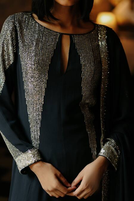 Buy_House Of Kotwara_Black Georgette, Cotton, Cambric Sequins, Beads Keyhole Art Deco Choga Kurta Set 