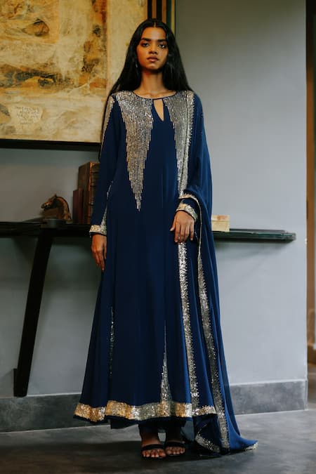 House Of Kotwara Blue Georgette, Cotton, Cambric Sequins Round Neck Royal Art Deco Choga Set 