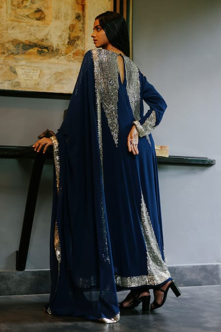 House Of Kotwara Royal Blue Georgette Art Deco Choga Set 