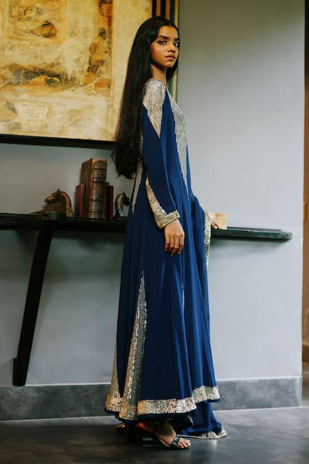 House Of Kotwara_Blue Georgette, Cotton, Cambric Sequins Round Neck Royal Art Deco Choga Set _Online_at_Aza_Fashions