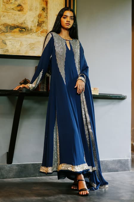 Buy_House Of Kotwara_Blue Georgette, Cotton, Cambric Sequins Round Neck Royal Art Deco Choga Set _Online_at_Aza_Fashions
