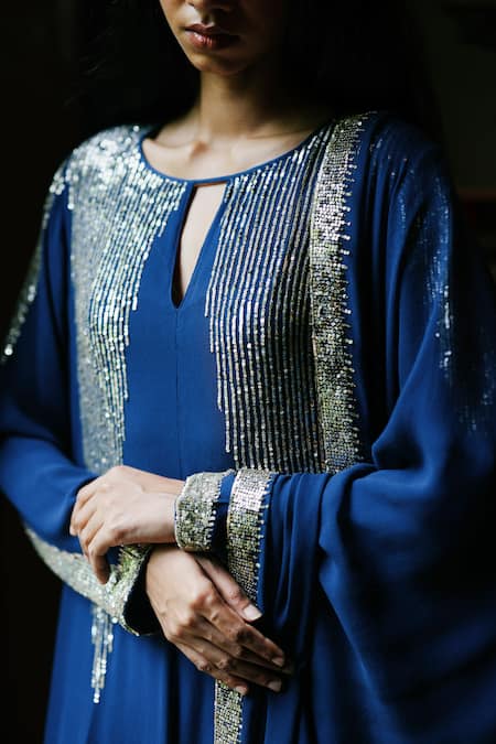 Shop_House Of Kotwara_Blue Georgette, Cotton, Cambric Sequins Round Neck Royal Art Deco Choga Set _Online_at_Aza_Fashions