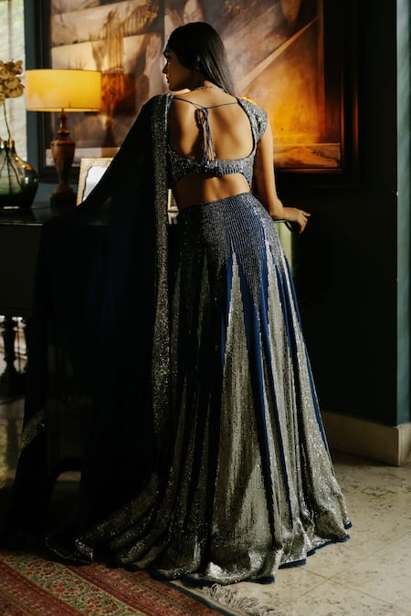 House Of Kotwara Royal Blue Georgette Art Deco Lehenga Set 