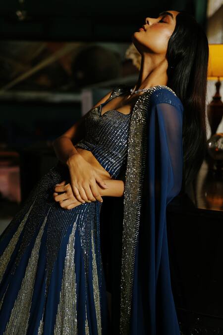 Buy_House Of Kotwara_Blue Georgette, Satin, Cotton Sequins, Beads Royal Art Deco Lehenga Set _Online_at_Aza_Fashions