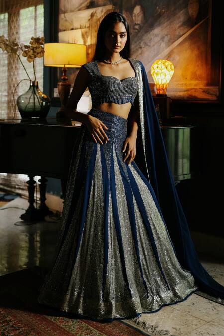 Buy_House Of Kotwara_Blue Georgette, Satin, Cotton Sequins, Beads Royal Art Deco Lehenga Set 