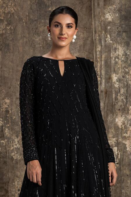 House Of Kotwara_Black Georgette, Cotton, Silk Organza, Cambric Sequins Barq Choga Kurta Set _Online_at_Aza_Fashions