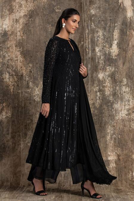 Buy_House Of Kotwara_Black Georgette, Cotton, Silk Organza, Cambric Sequins Barq Choga Kurta Set _Online_at_Aza_Fashions
