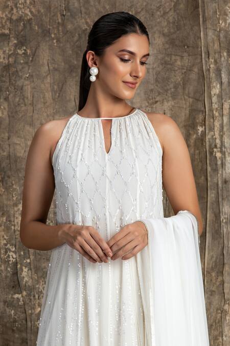 House Of Kotwara_Ivory Georgette, Cotton, Silk Organza, Cambric Sequins Barq Choga Kurta Set _Online_at_Aza_Fashions