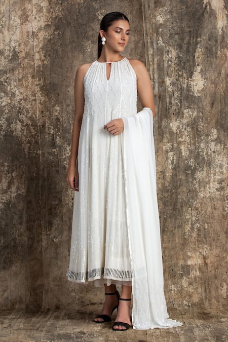 House Of Kotwara Ivory Georgette, Cotton, Silk Organza, Cambric Sequins Barq Choga Kurta Set