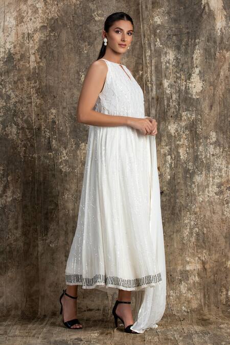 Buy_House Of Kotwara_Ivory Georgette, Cotton, Silk Organza, Cambric Sequins Barq Choga Kurta Set _Online_at_Aza_Fashions