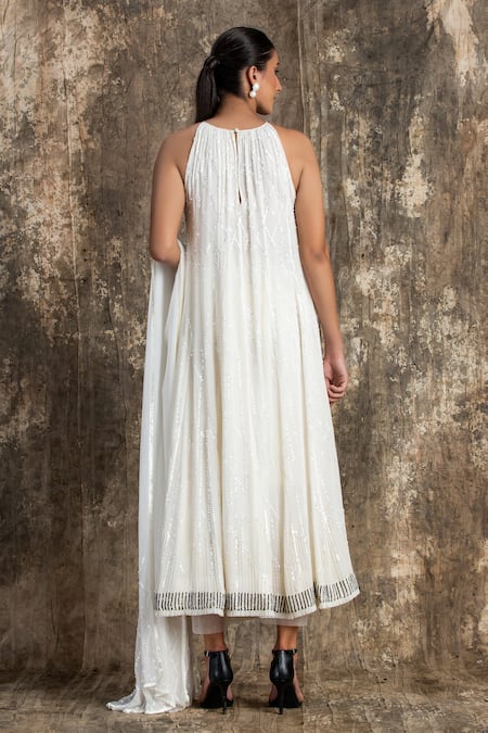 House Of Kotwara Ivory Georgette Barq Choga Kurta Set 