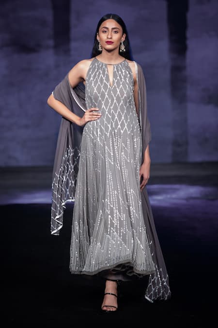 House Of Kotwara Gray Georgette, Cotton, Silk Organza Embroidery, Cool Grey Choga Kurta Set 