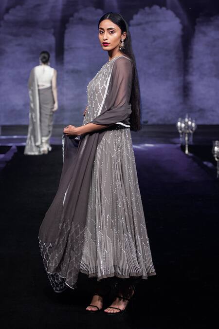 House Of Kotwara_Gray Georgette, Cotton, Silk Organza Embroidery, Cool Grey Choga Kurta Set _Online_at_Aza_Fashions
