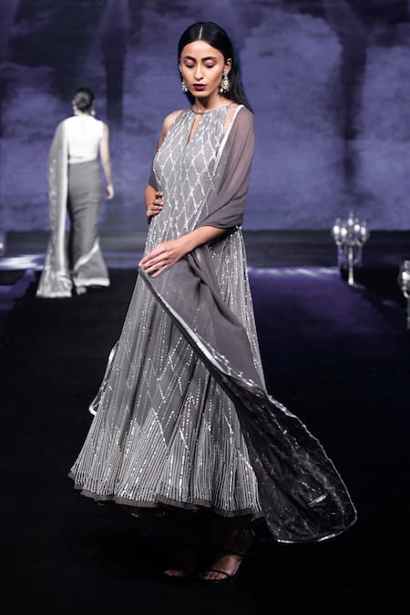 House Of Kotwara Cool Grey Georgette Choga Kurta Set 