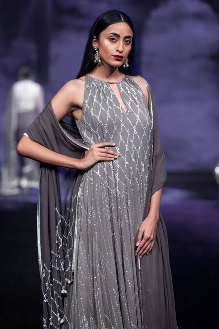 Buy_House Of Kotwara_Gray Georgette, Cotton, Silk Organza Embroidery, Cool Grey Choga Kurta Set _Online_at_Aza_Fashions