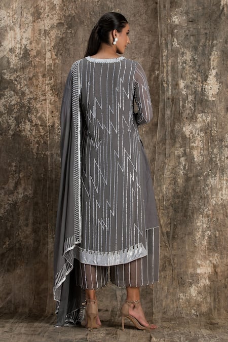 House Of Kotwara Cool Grey Georgette Barq Kurta Set 