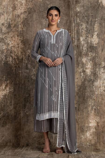 House Of Kotwara_Gray Georgette, Cotton, Silk Organza, Cambric Cool Grey Barq Kurta Set _Online_at_Aza_Fashions