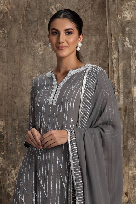 Buy_House Of Kotwara_Gray Georgette, Cotton, Silk Organza, Cambric Cool Grey Barq Kurta Set _Online_at_Aza_Fashions