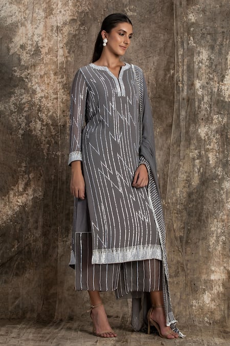 House Of Kotwara Gray Georgette, Cotton, Silk Organza, Cambric Cool Grey Barq Kurta Set 