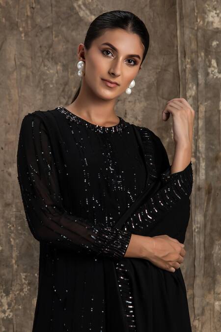 House Of Kotwara_Black Georgette, Cotton, Silk Organza, Cambric Sequins Round Neck Barq Kurta Set _Online_at_Aza_Fashions
