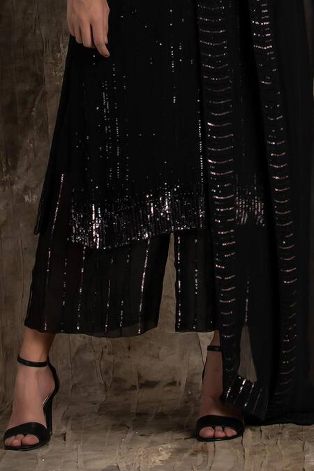 Buy_House Of Kotwara_Black Georgette, Cotton, Silk Organza, Cambric Sequins Round Neck Barq Kurta Set _Online_at_Aza_Fashions