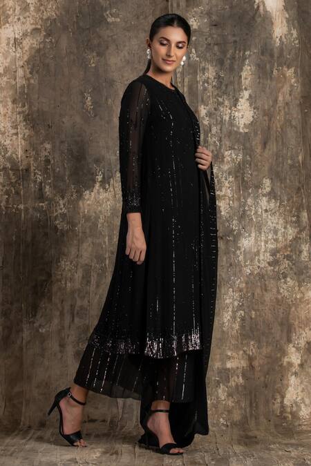 Shop_House Of Kotwara_Black Georgette, Cotton, Silk Organza, Cambric Sequins Round Neck Barq Kurta Set _Online_at_Aza_Fashions