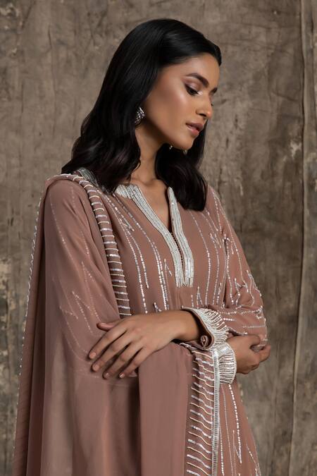 Buy_House Of Kotwara_Pink Georgette, Cotton, Silk Organza, Cambric Sequins Marsala Barq Kurta Set _Online_at_Aza_Fashions