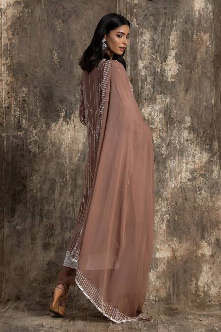 Shop_House Of Kotwara_Pink Georgette, Cotton, Silk Organza, Cambric Sequins Marsala Barq Kurta Set _Online_at_Aza_Fashions