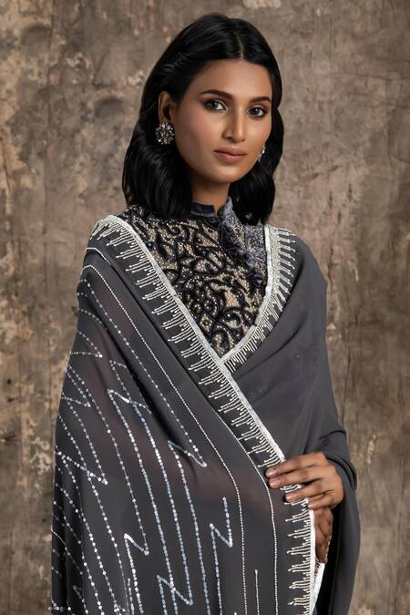 House Of Kotwara Gray Georgette, Velvet, Net, Cotton Embroidery Round Deep Grey Barq Saree Set Online at Aza Fashions House Of Kotwara_Gray Georgette, Velvet, Net, Cotton Embroidery Round Deep Grey Barq Saree Set _Online_at_Aza_Fashions