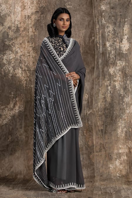 House Of Kotwara Gray Georgette, Velvet, Net, Cotton Embroidery Round Deep Grey Barq Saree Set